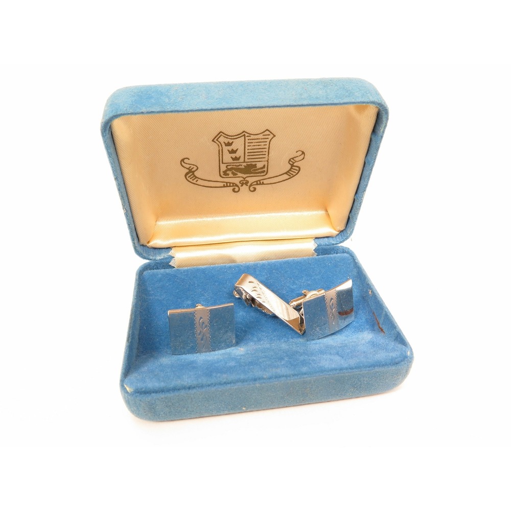 Vintage Sterling‎ Silver Etched Cufflinks & Small Tie Clip Boxed Set*925 Hickok